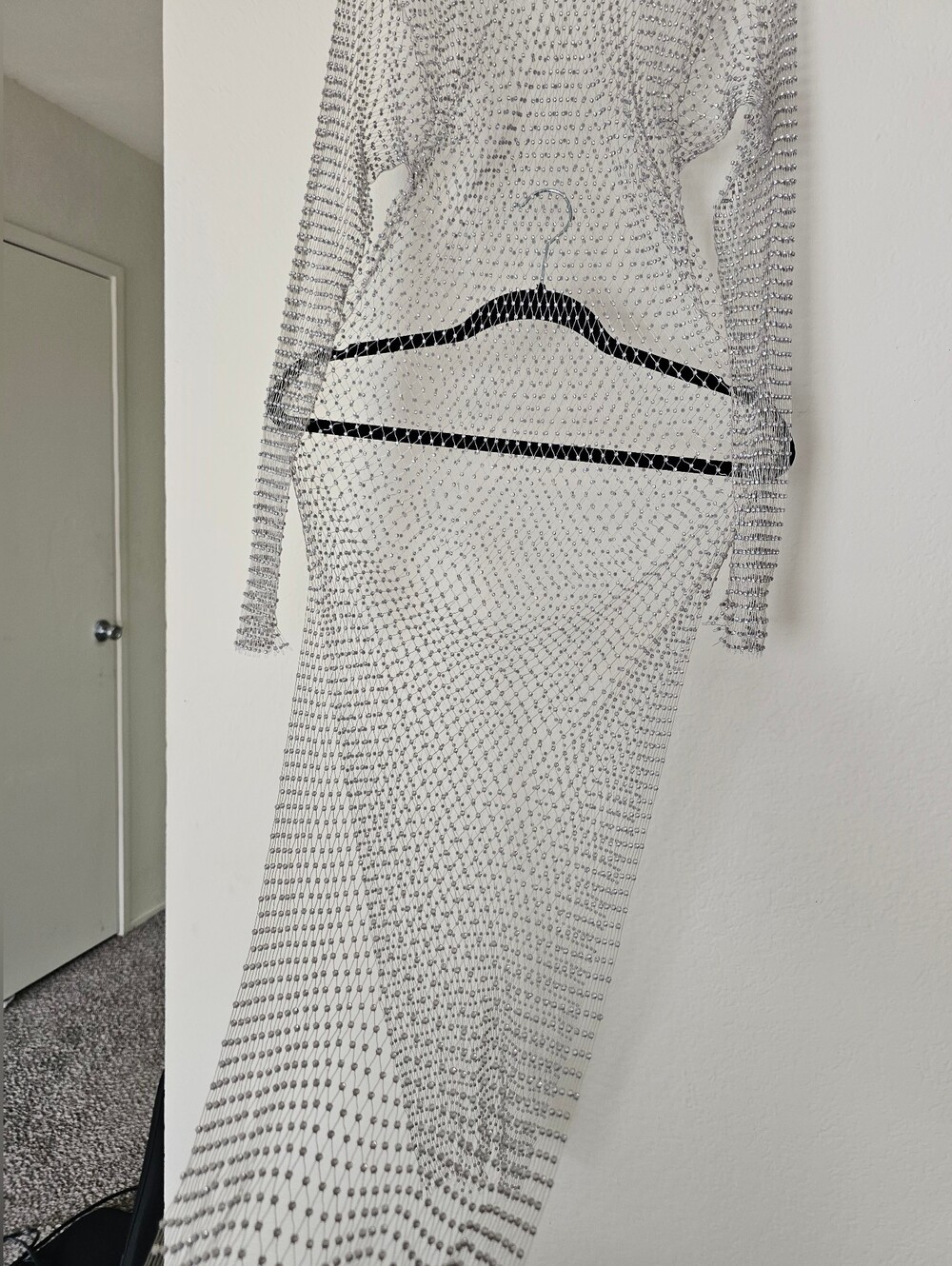 silver rhinestone embellished sheer long-sleeve mesh dress. - Picture 3 of 8